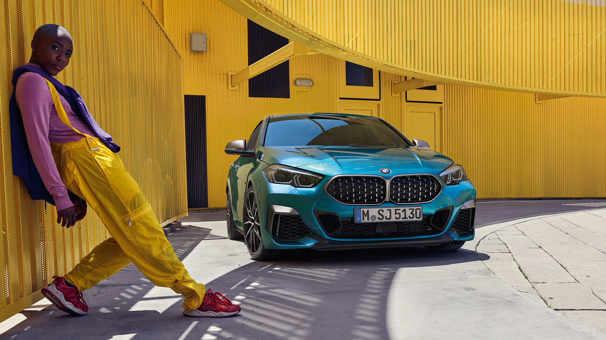 Front BMW 2 Series Gran Coupé BMW 2 Series Gran Coupé with double kidney in mesh design Snapper Rocks Blue metallic F44 three-quarter front view