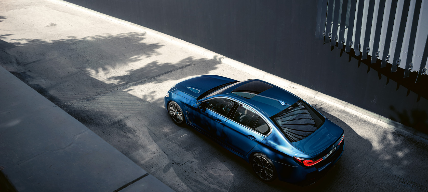 BMW 5 Series Sedan G30 standing BMW 5 Series Sedan G30 Facelift 2020 Phytonic Blue bird’s eye view standing