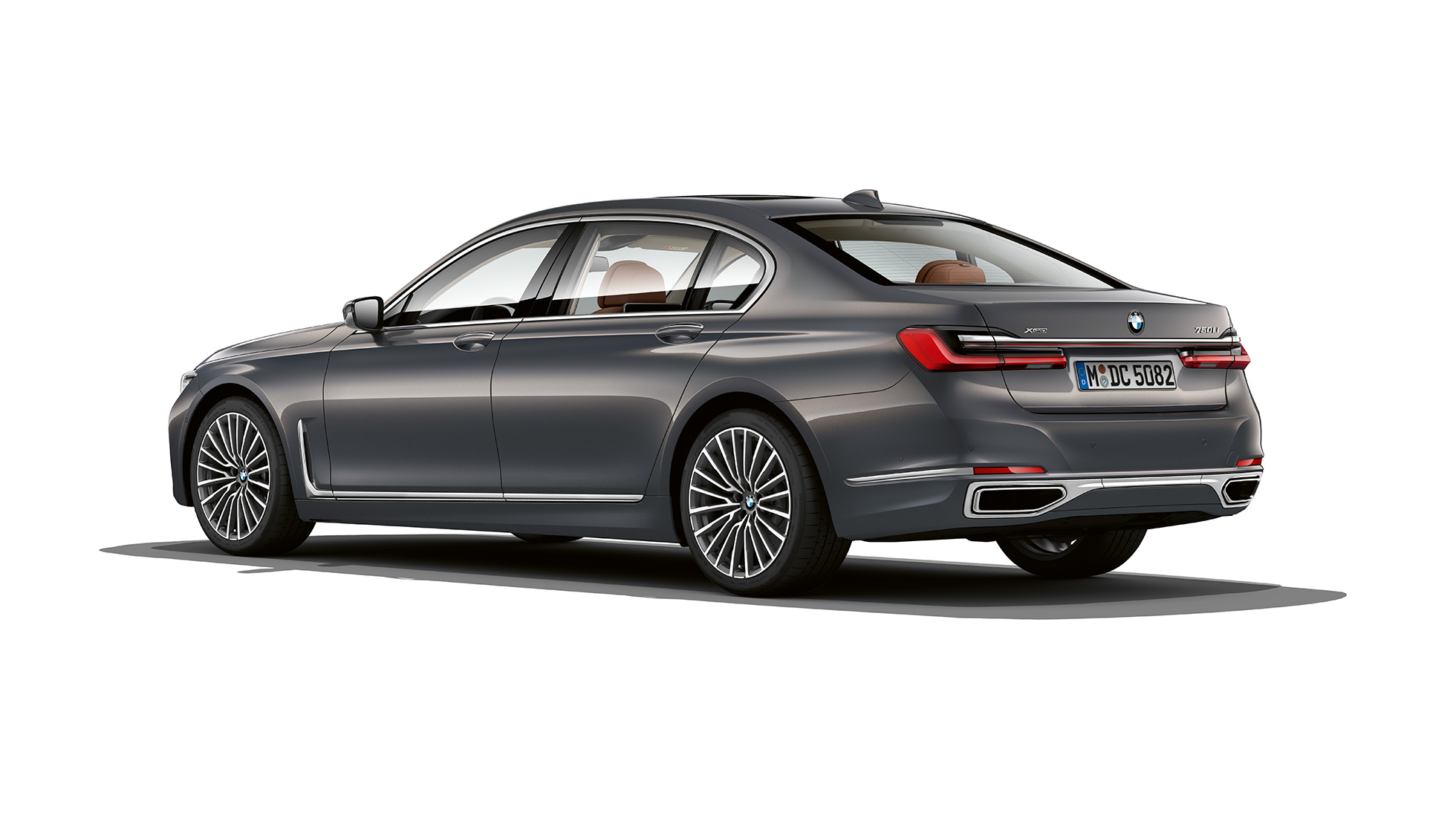 BMW 7 Series Sedan with Exterior Design Pure Excellence, three-quarter rear view Grey BMW 7 Series Sedan with Exterior Design Pure Excellence in three-quarter rear view