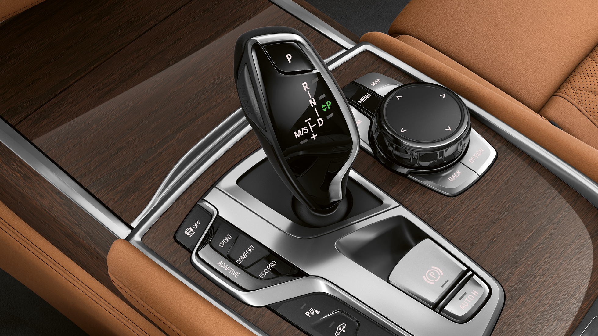 BMW 7 Series Sedan with Exterior Design Pure Excellence, gear selector BMW 7 Series Sedan in with Exterior Design Pure Excellence: Close-up of gear selector