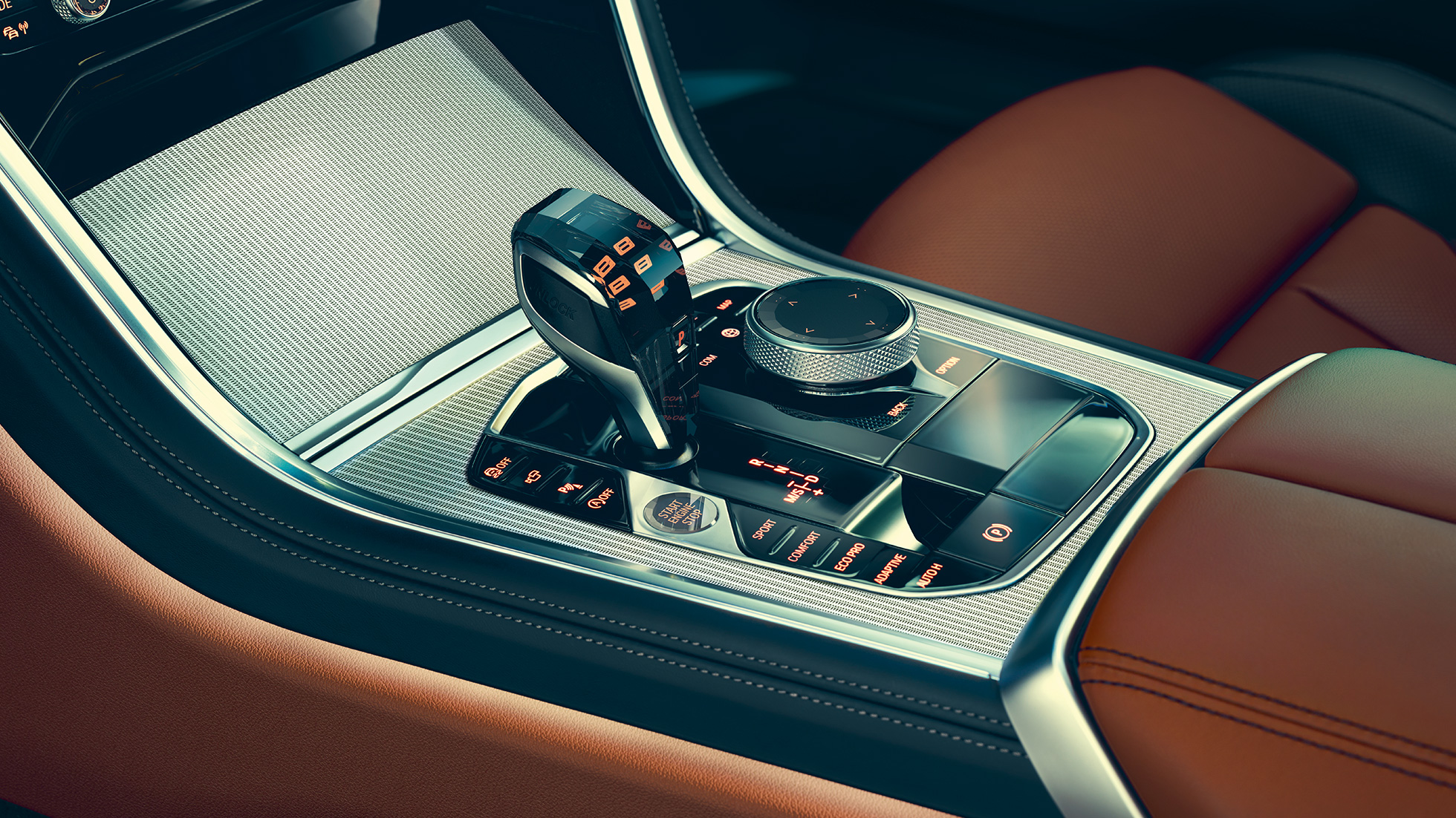 BMW 8 Series Coupé, interior. BMW 8er Coupé, Interieur, close-up view of the gear selector.