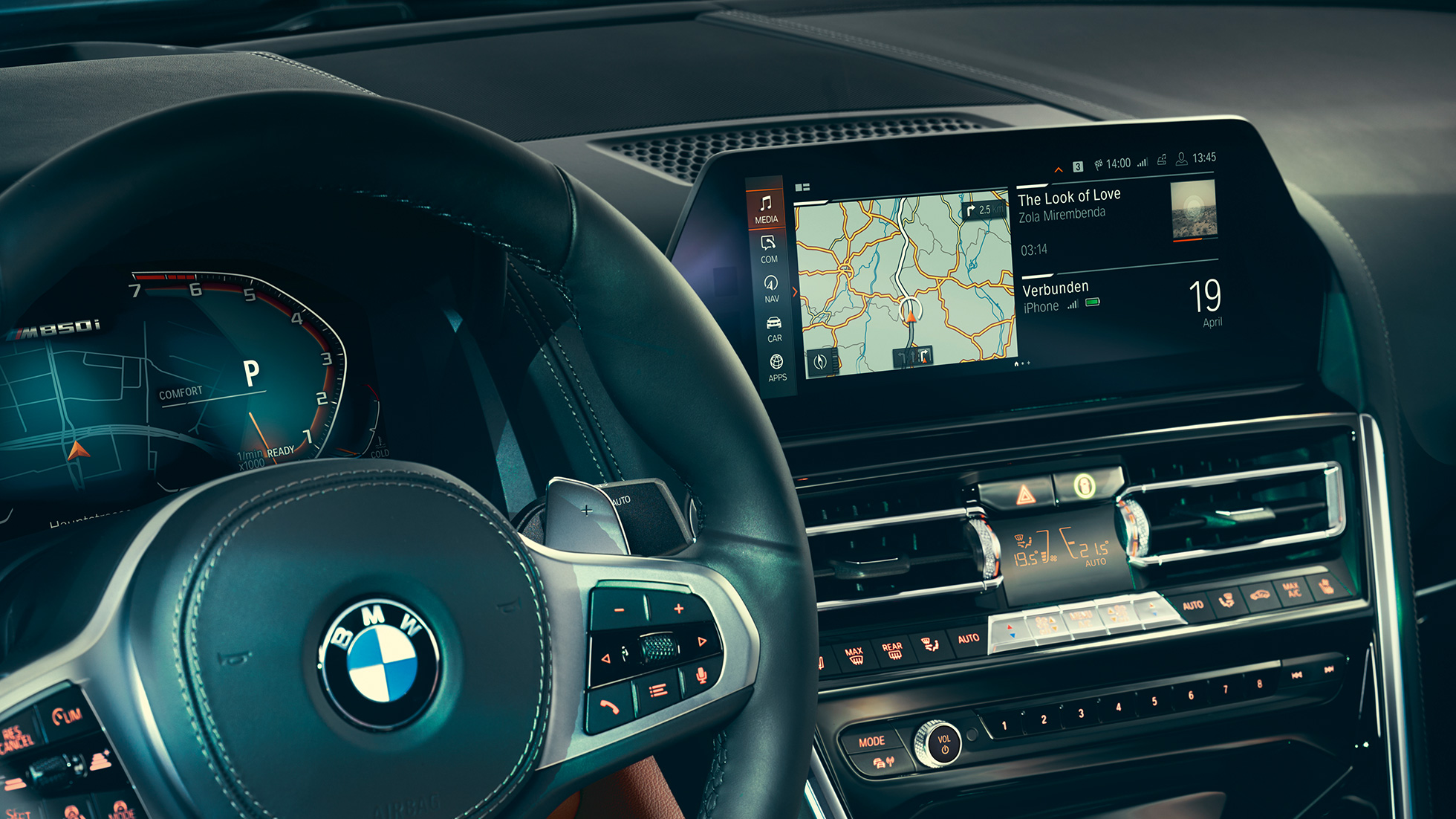 BMW 8 Series Coupé, cockpit. BMW 8 Series Coupé, cockpit, close-up view with steering wheel and control display.