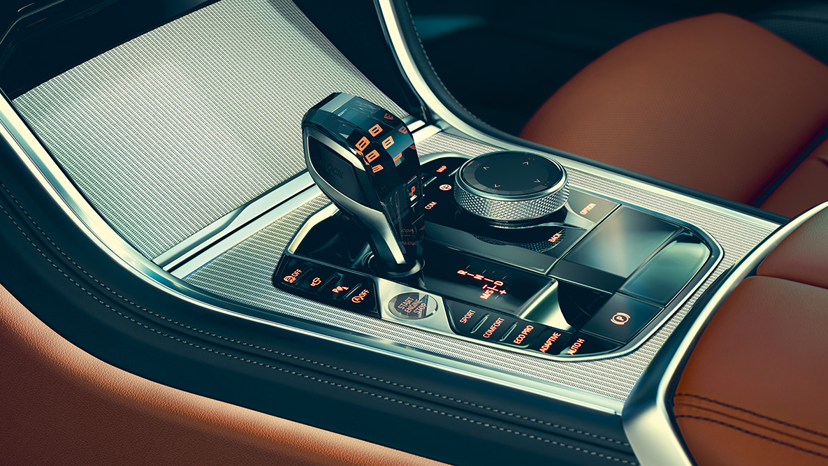 BMW 8 Series Coupé, middle console. Close-up of the BMW 8 Series Coupé interior with a focus on the middle console.