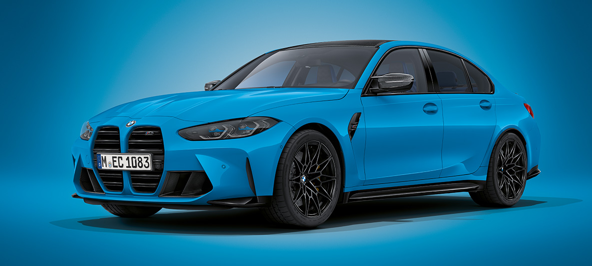 BMW M3 Sedan BMW Individual Mexico Blue metallic G80 2021 three-quarter front view standing BMW M3 Sedan BMW Individual Oxide Grey metallic G80 2020 three-quarter front view standing