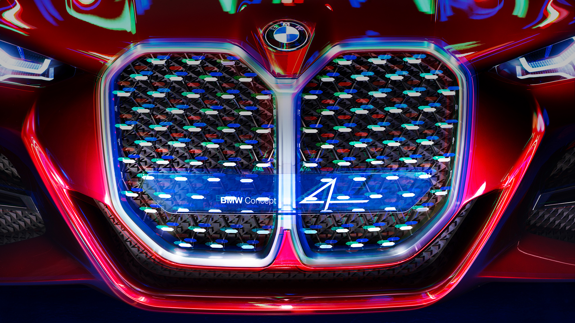 Vertical BMW kidney grille BMW Concept 4 Vertical BMW kidney grille with elements of mirrored crystal BMW Concept 4 Forbidden Red exterior design