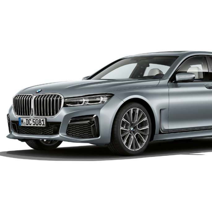 Grey BMW 7 Series Sedan M Sport package in three-quarter front view